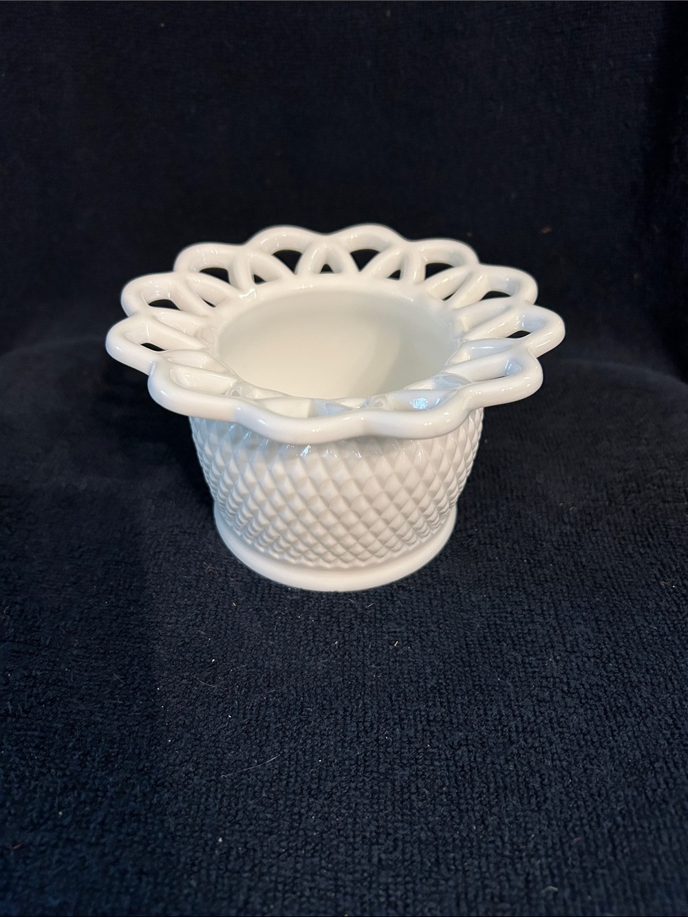 Westmoreland White Milk Glass w Reticulated Lattice Edge Waffle Texture VaseDish